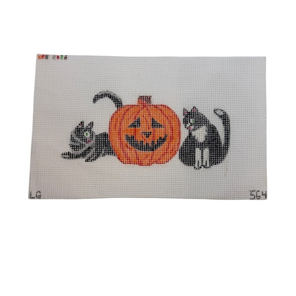 LG Other - Halloween Black Cats Jack O Lantern Hand Painted Needlepoint Canvas Vintage